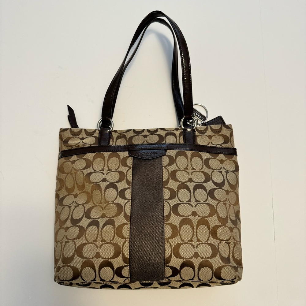 COACH Signature Stripe C Handbag Purse Tote Brown Authentic Style m1305-f28504